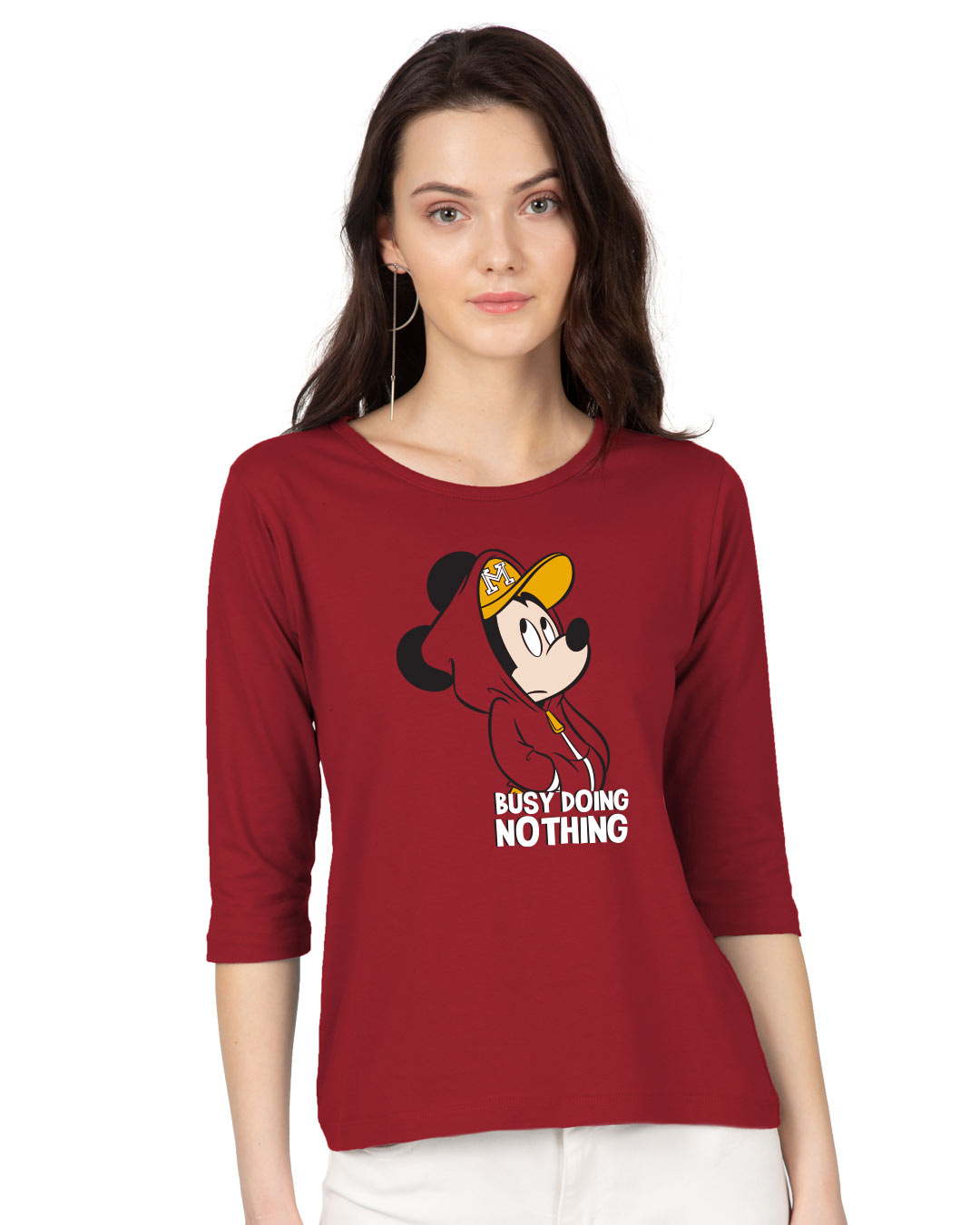 Shop Women's Red Busy Doing Nothing Graphic Printed 3/4th Sleeve Slim Fit T-shirt-Back