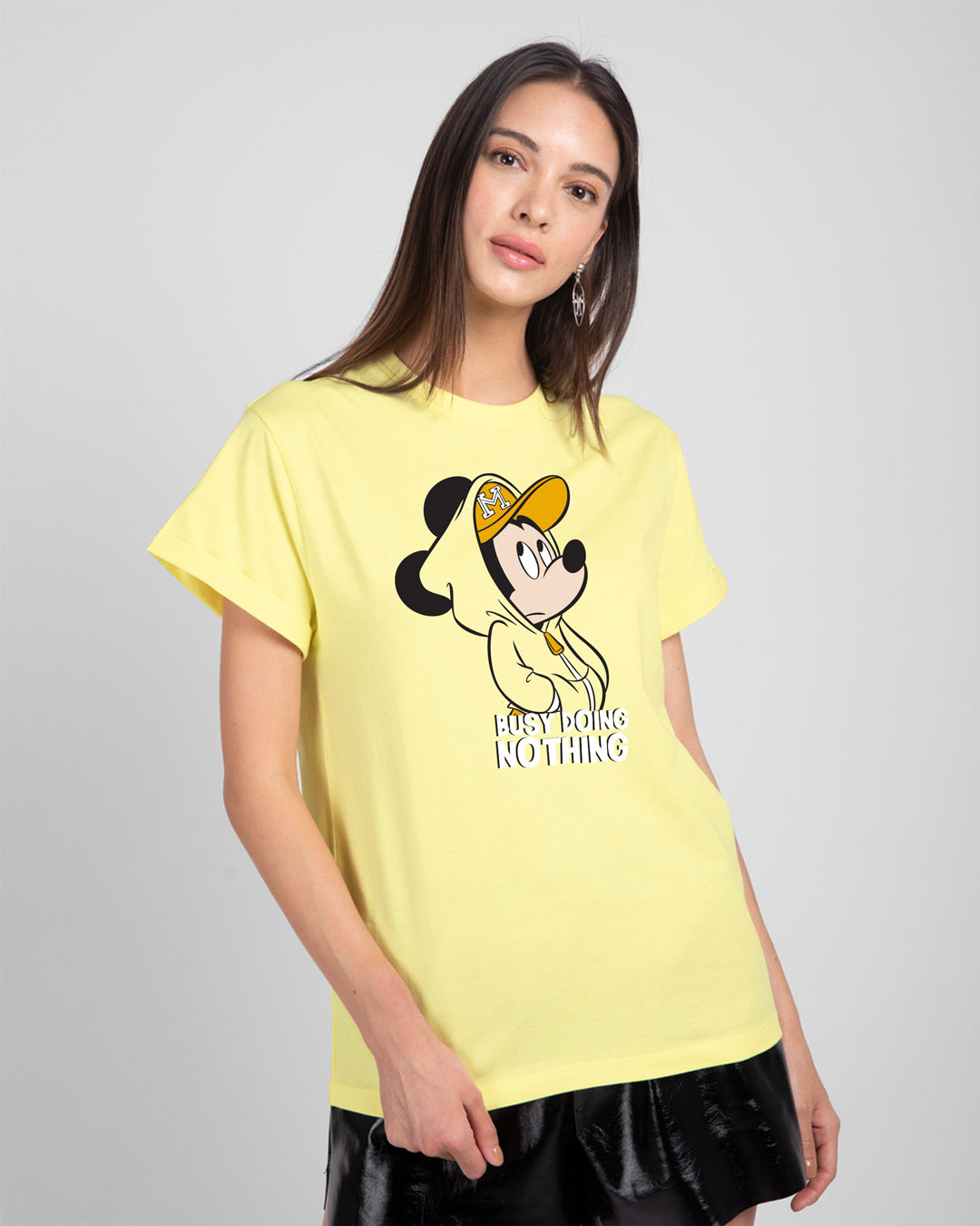 

Busy Doin Nothing Boyfriend T-Shirt (DL) Pastel Yellow Women' Printed Boyfriend T-Shirts Bewakoof.com