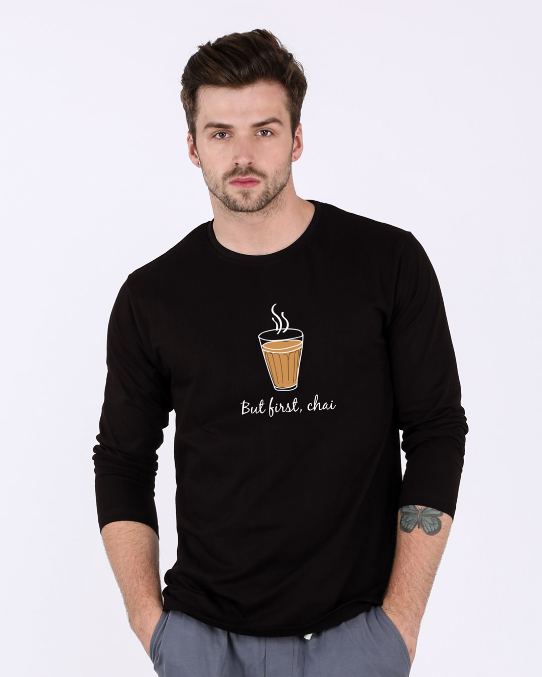 Buy But First Chai Full Sleeve TShirt for Men black Online at Bewakoof