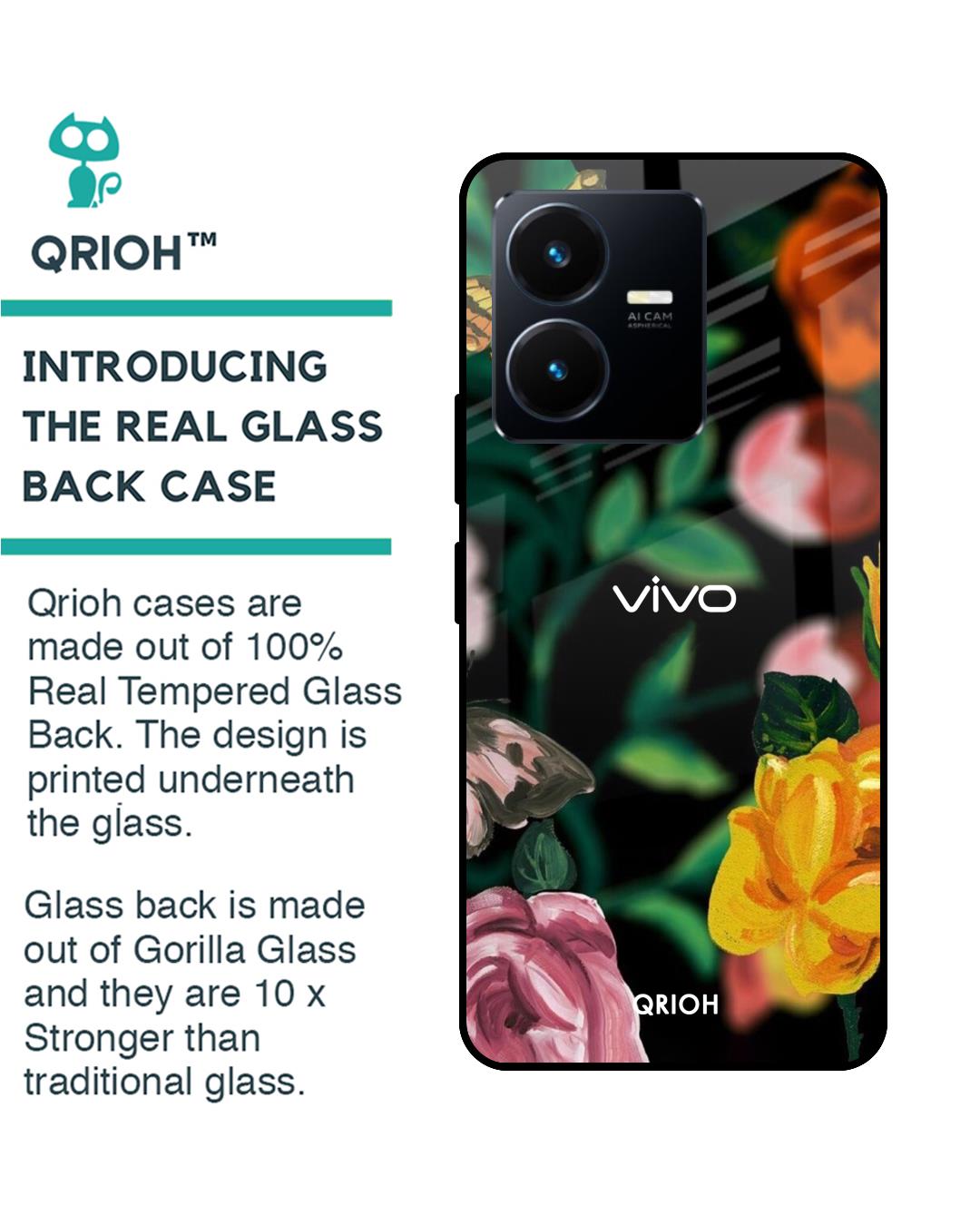 Shop Butterfly Printed Premium Glass Case for Vivo Y22 (Shock Proof,Scratch Resistant)-Back