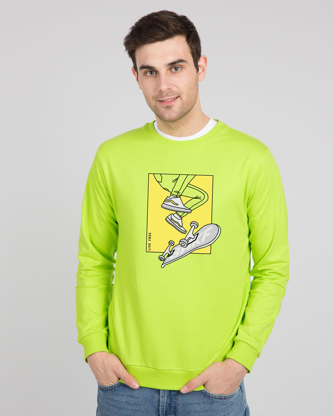 

BWKF Skateboard Fleece Sweater Men' Printed Fleece Sweater Bewakoof.com, Green