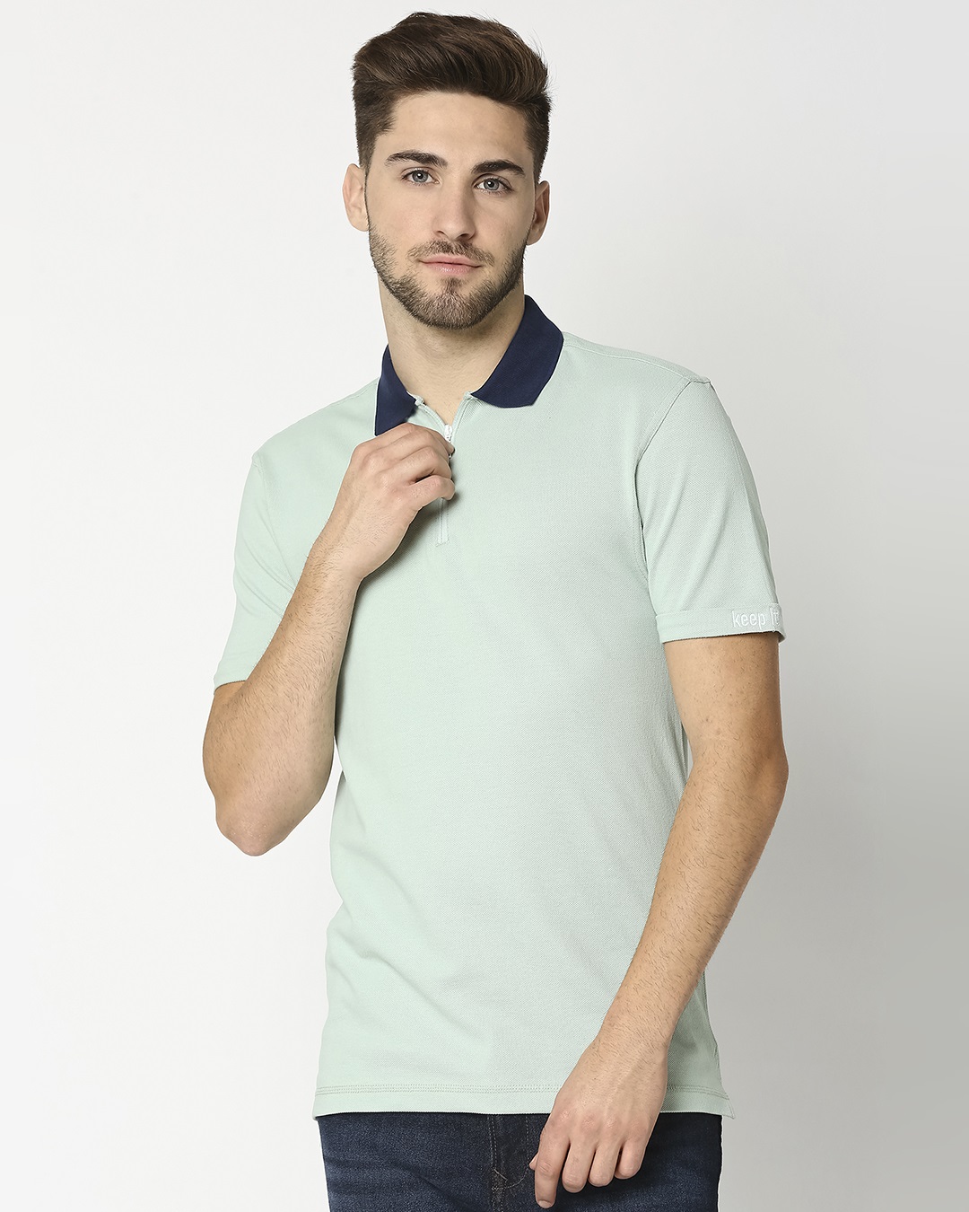 Shop Camo Green Half Sleeve Contrast Zipper Polo-Back