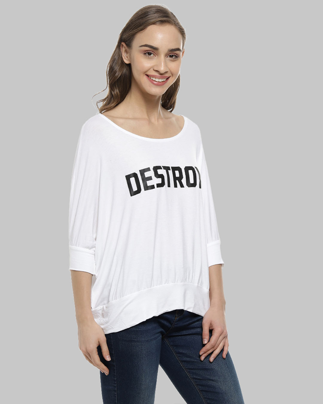 Shop Casual 3/4 Sleeve Printed Women White Top-Back