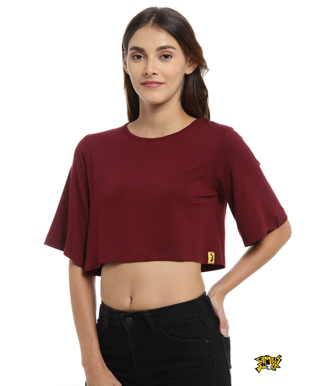 Shop Casual Half Sleeve Solid Women Maroon Crop Top-Back