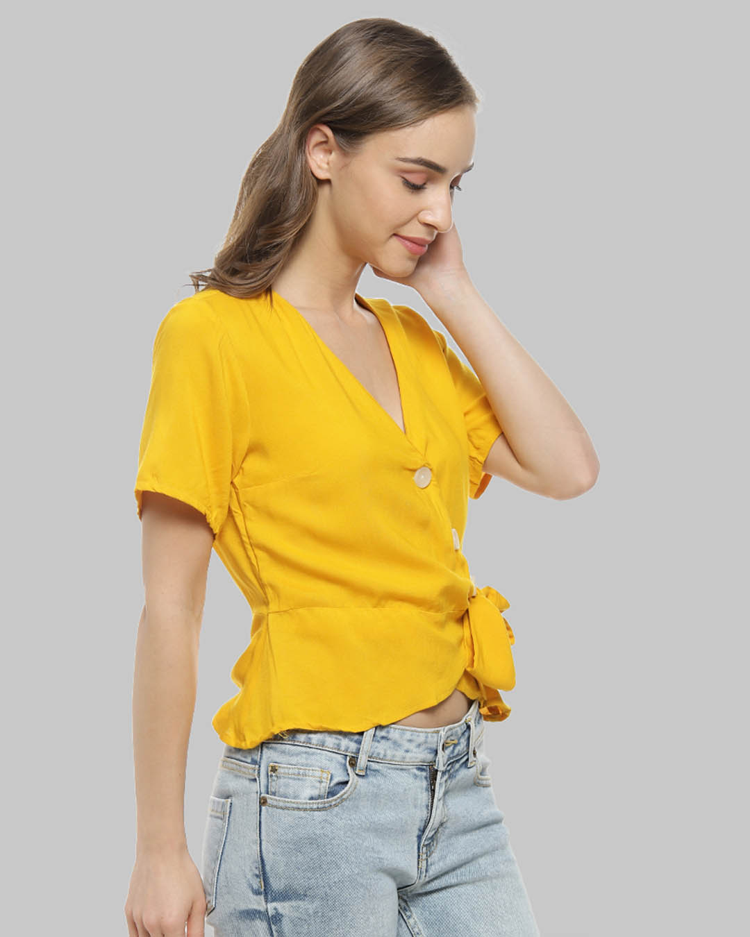 Shop Casual Half Sleeve Solid Women Yellow Top-Back