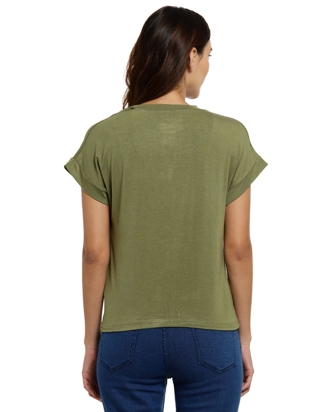 Shop Casual Shorts Sleeve Printed Women Olive Top-Back