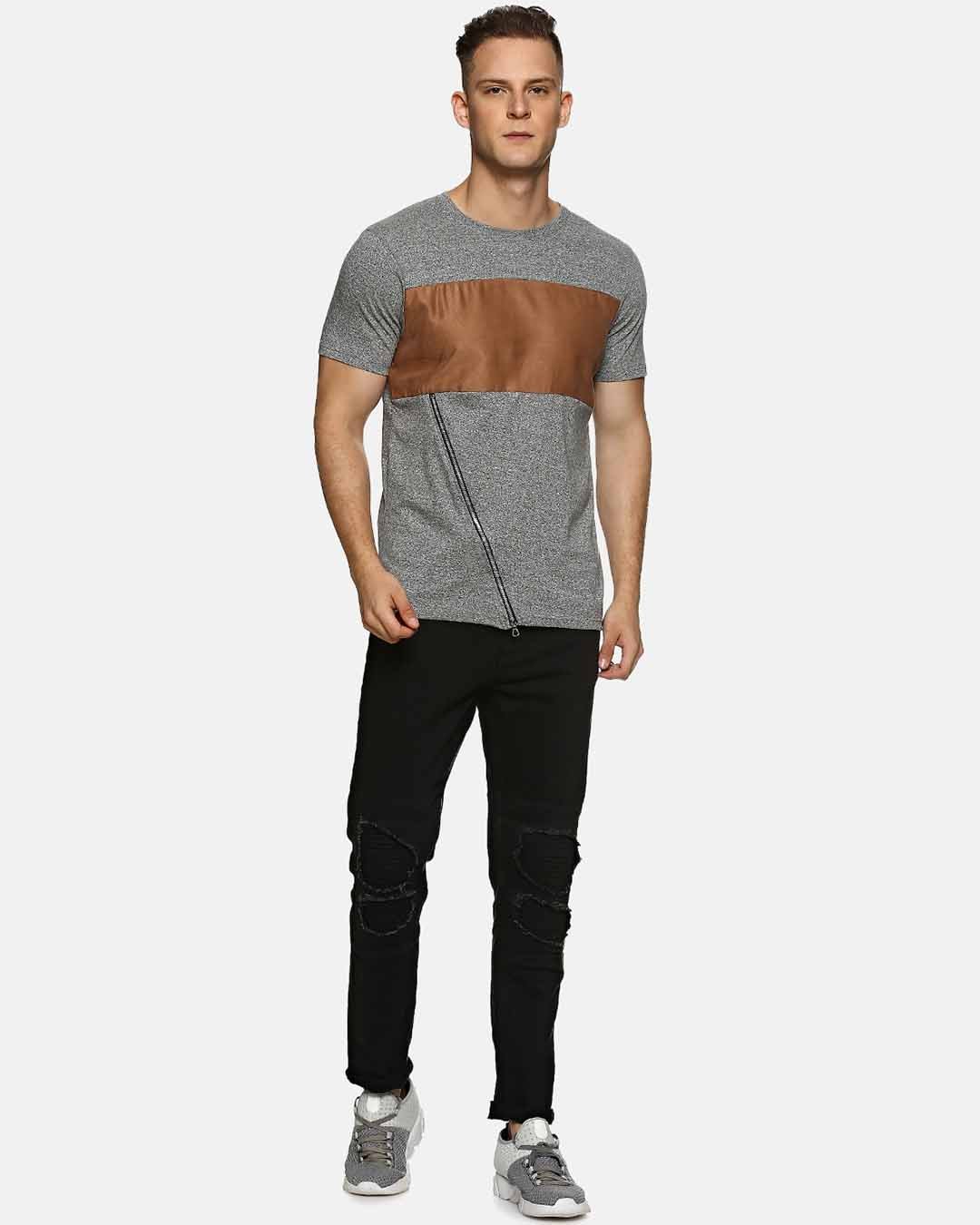 Shop Color Block Men's Round Neck Grey Brown T-Shirt-Back