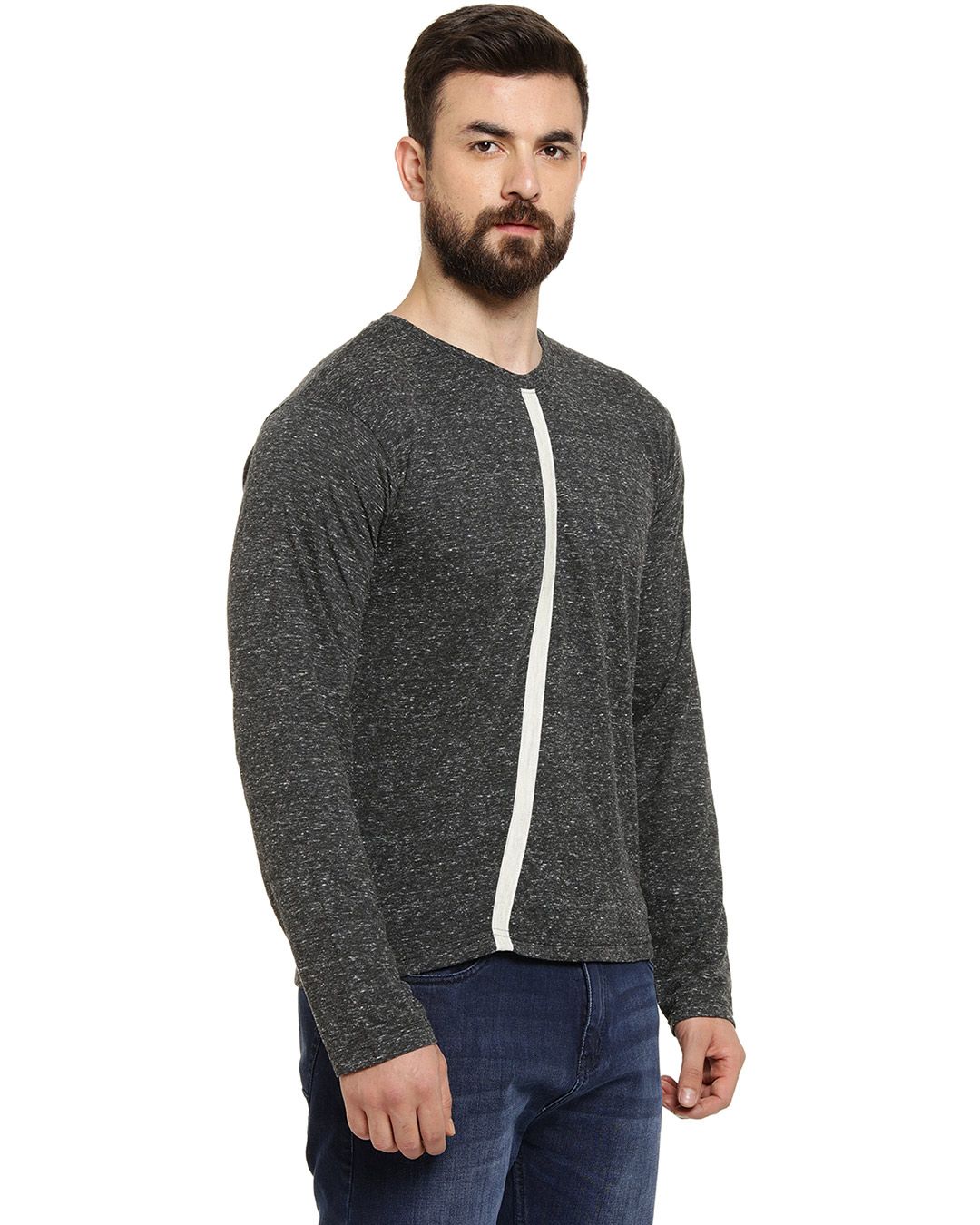 Shop Full Sleeve Men's Solid Round Neck Grey T-Shirt-Back