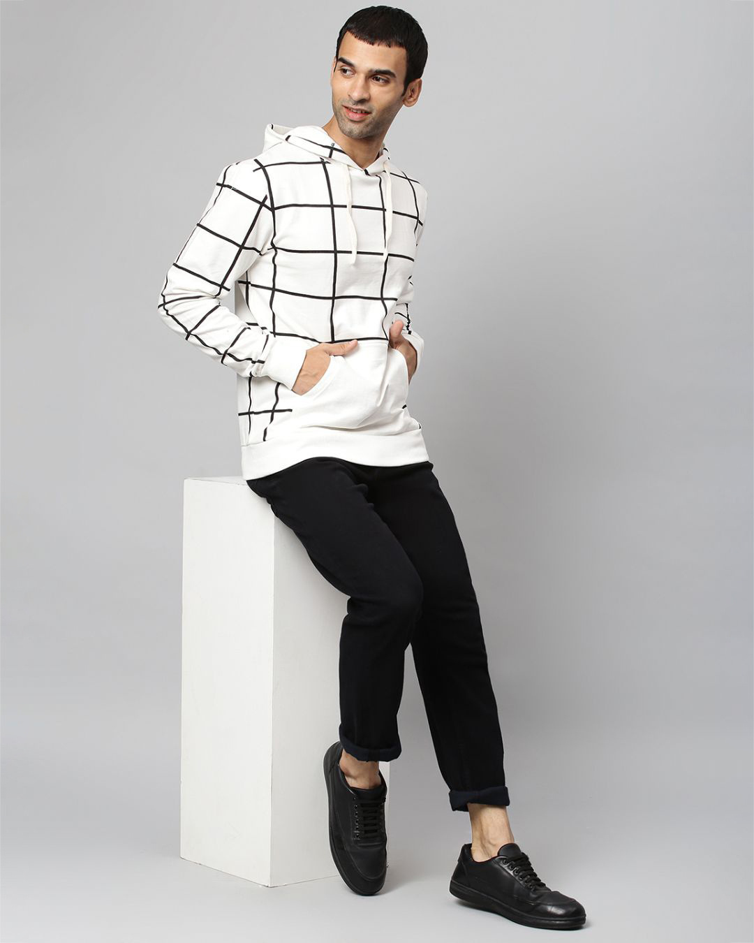 Shop Men's White Checked Full Sleeve Stylish Casual Hooded Sweatshirt-Back