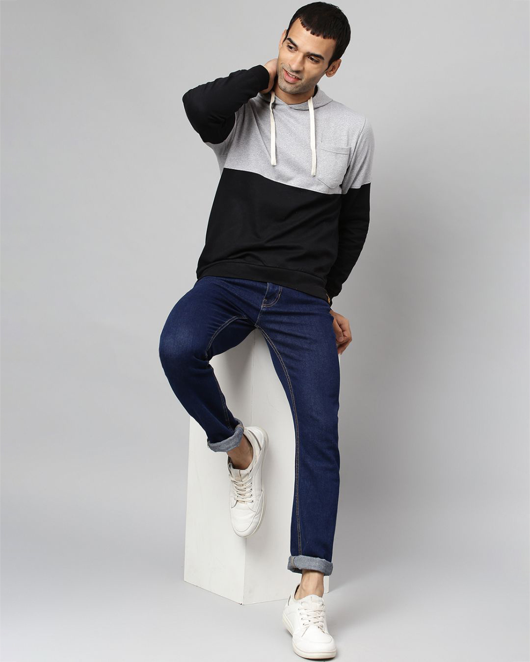 Shop Men's Black & Grey Colorblocked Front Pocket Full Sleeve Stylish Casual Hooded Sweatshirt-Back