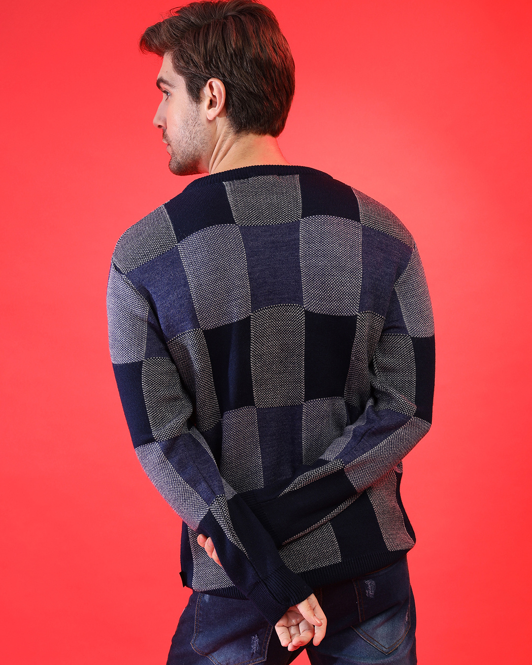 Shop Men's Blue & Grey Checkered Regular Fit Sweater-Back