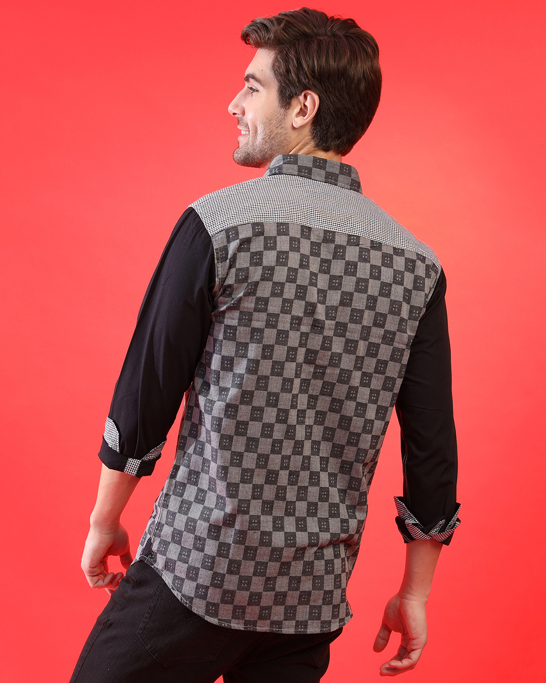 Shop Men's Grey & Black Checkered Regular Fit Shirt-Back