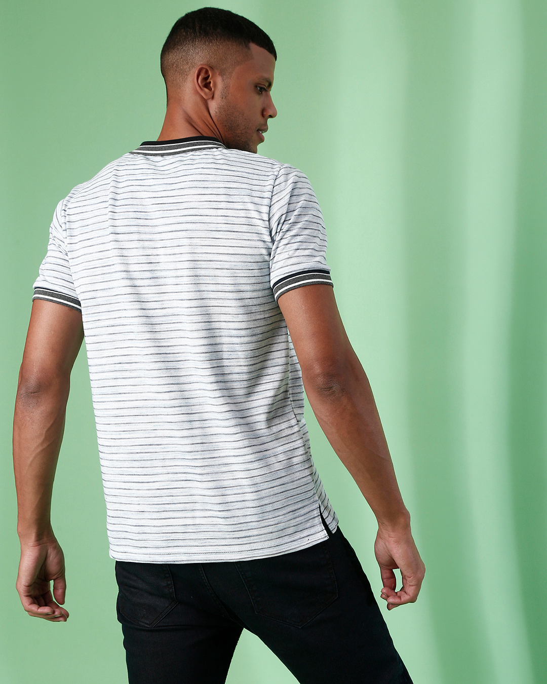 Shop Men's Grey Striped Regular Fit T Shirt-Back