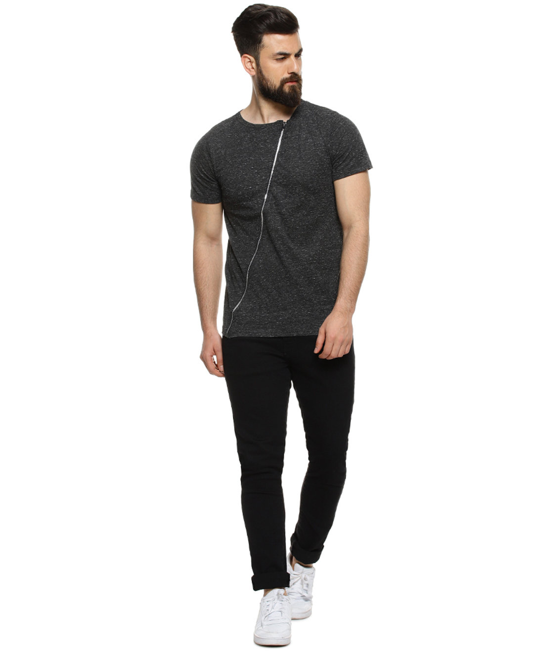 Shop Men's Self Design Asymmetric Charcoal Casual T-Shirt-Back