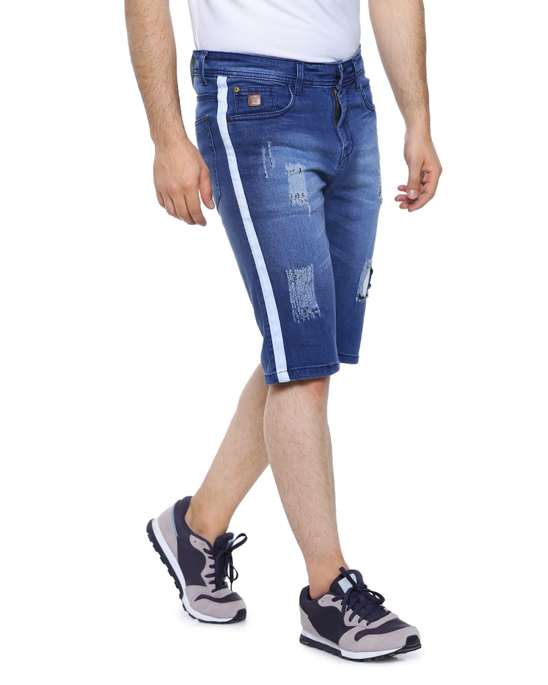 Shop Men Slim Fit Solid Side Striped Stretch Stylish New Trends Blue Denim Shorts-Back