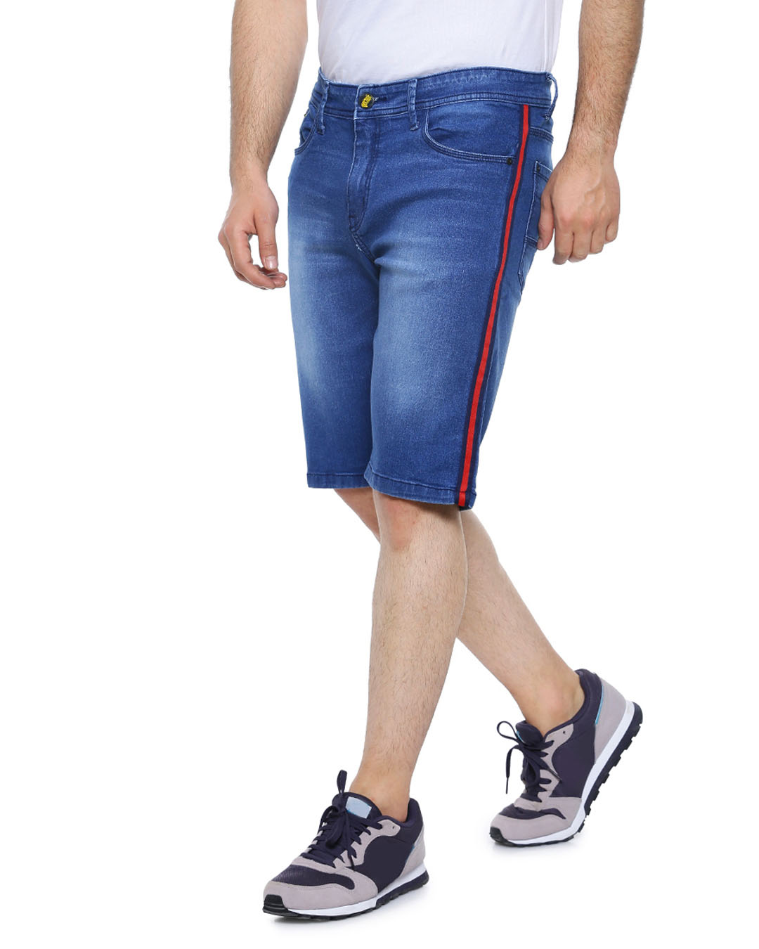 Shop Men Slim Fit Solid Side Striped Stretch Stylish New Trends Blue Denim Shorts-Back