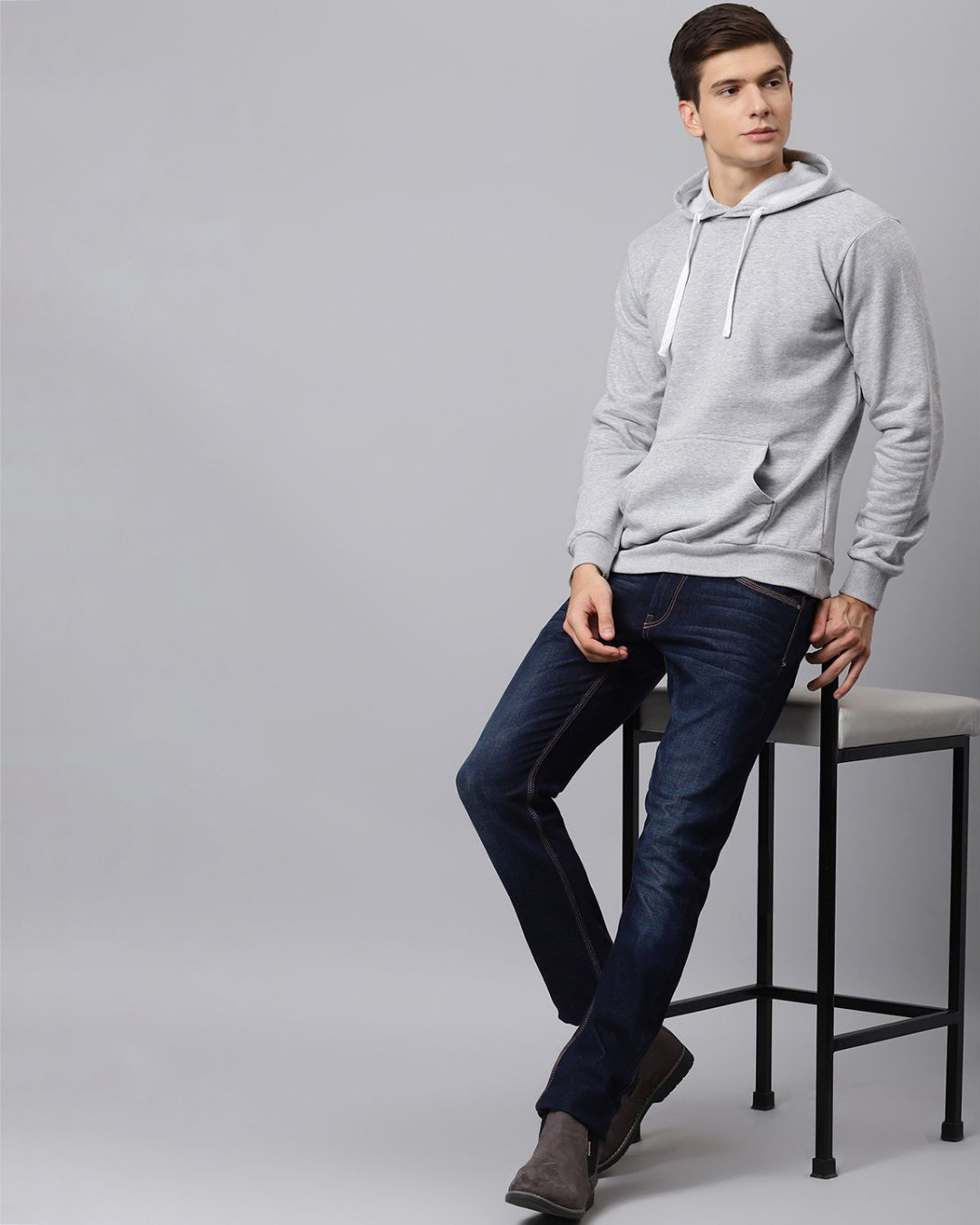Shop Men's Grey Full Sleeve Stylish Casual Hooded Sweatshirt-Back