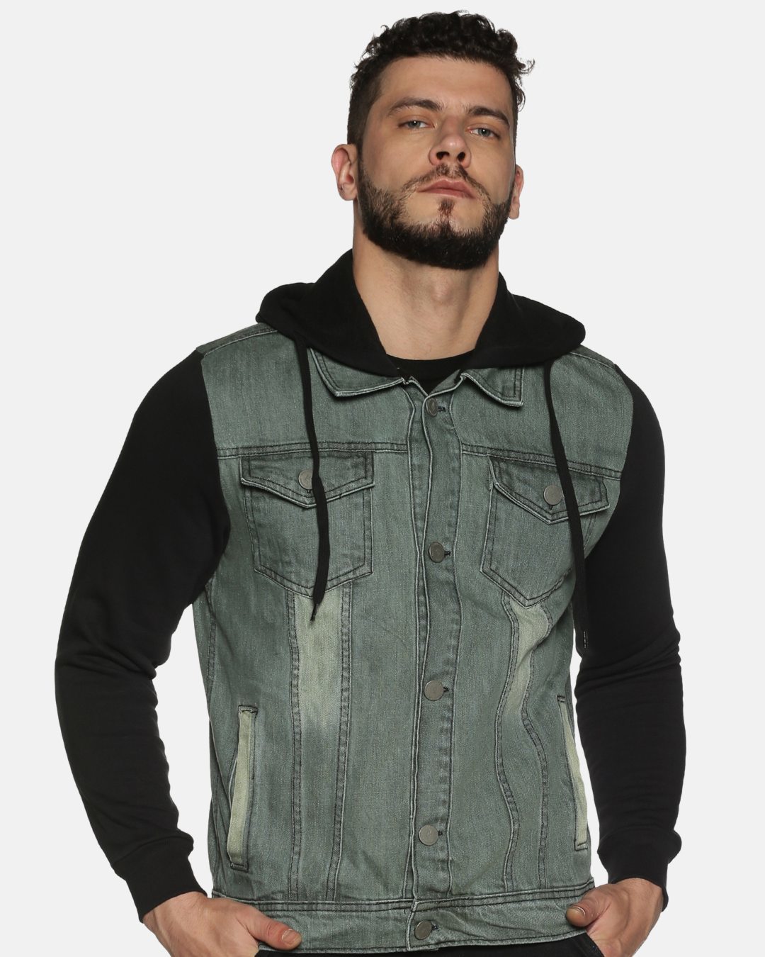 Shop Men Solid Styles Hooded Casual Denim Jacket-Back