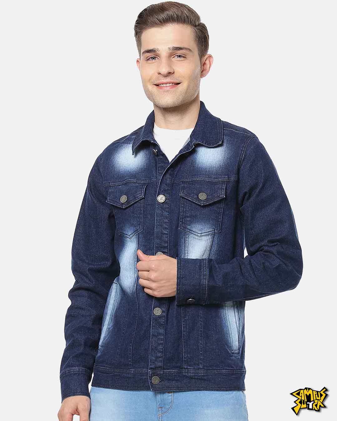 Buy Campus Sutra Blue & Grey Hooded Denim Jacket - Jackets for Men 1668008  | Myntra