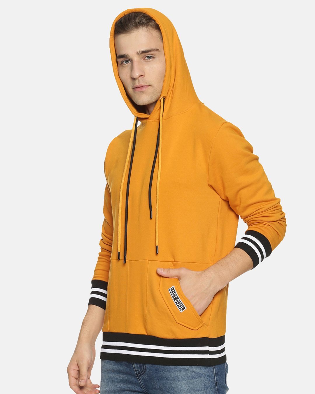 Shop Men's Yellow Stylish Solid Casual Hooded Sweatshirt-Back