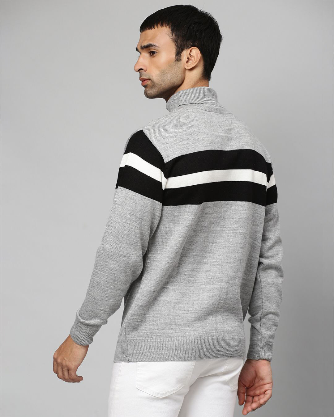 Shop Men's Grey & Black Stylish Striped Casual Sweater-Back