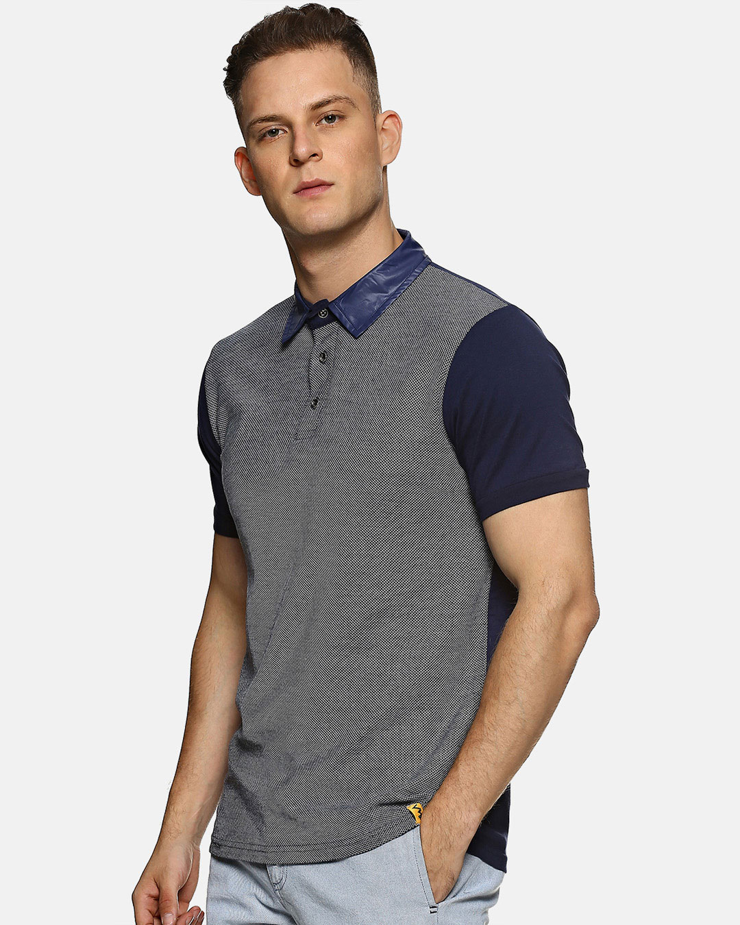 Shop Solid Men's Polo Neck Grey Blue T-Shirt-Back