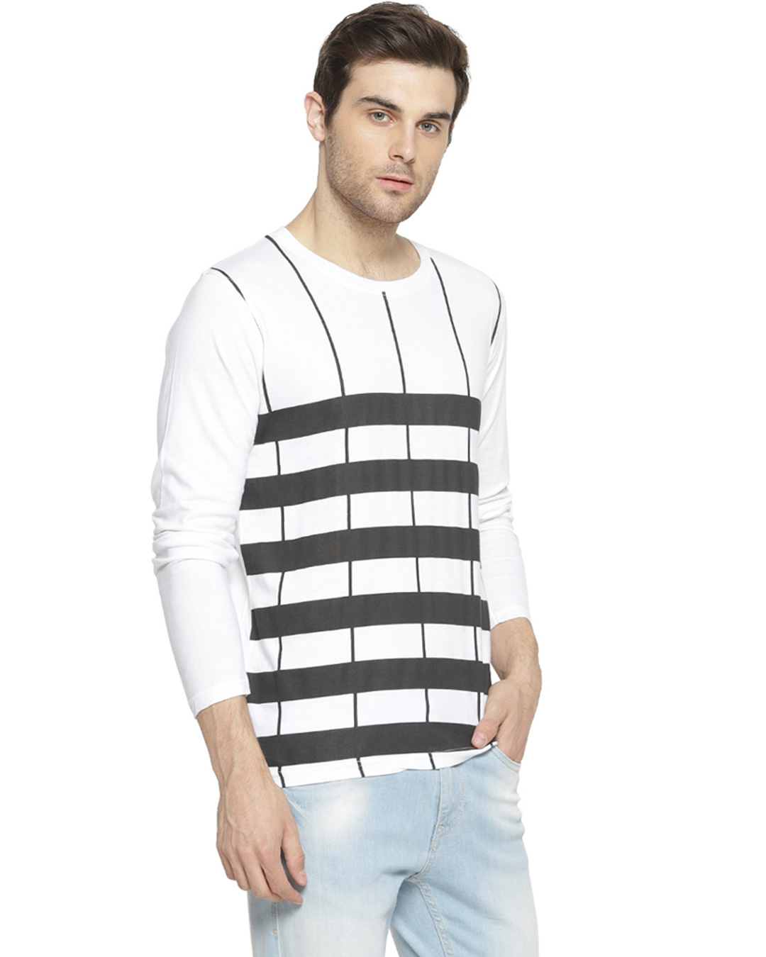 Shop Striped Men's's Round Neck White T-Shirt-Back