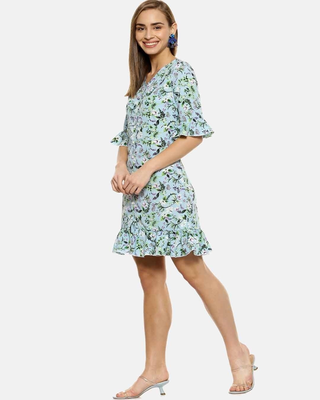 Shop Women Blue & Off White Floral Print A Line Dress-Back