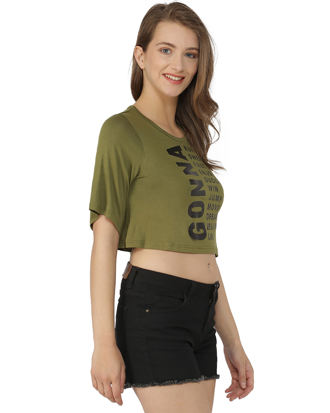 Shop Women's Casual Short Sleeve Printed Stylish Olive Top-Back