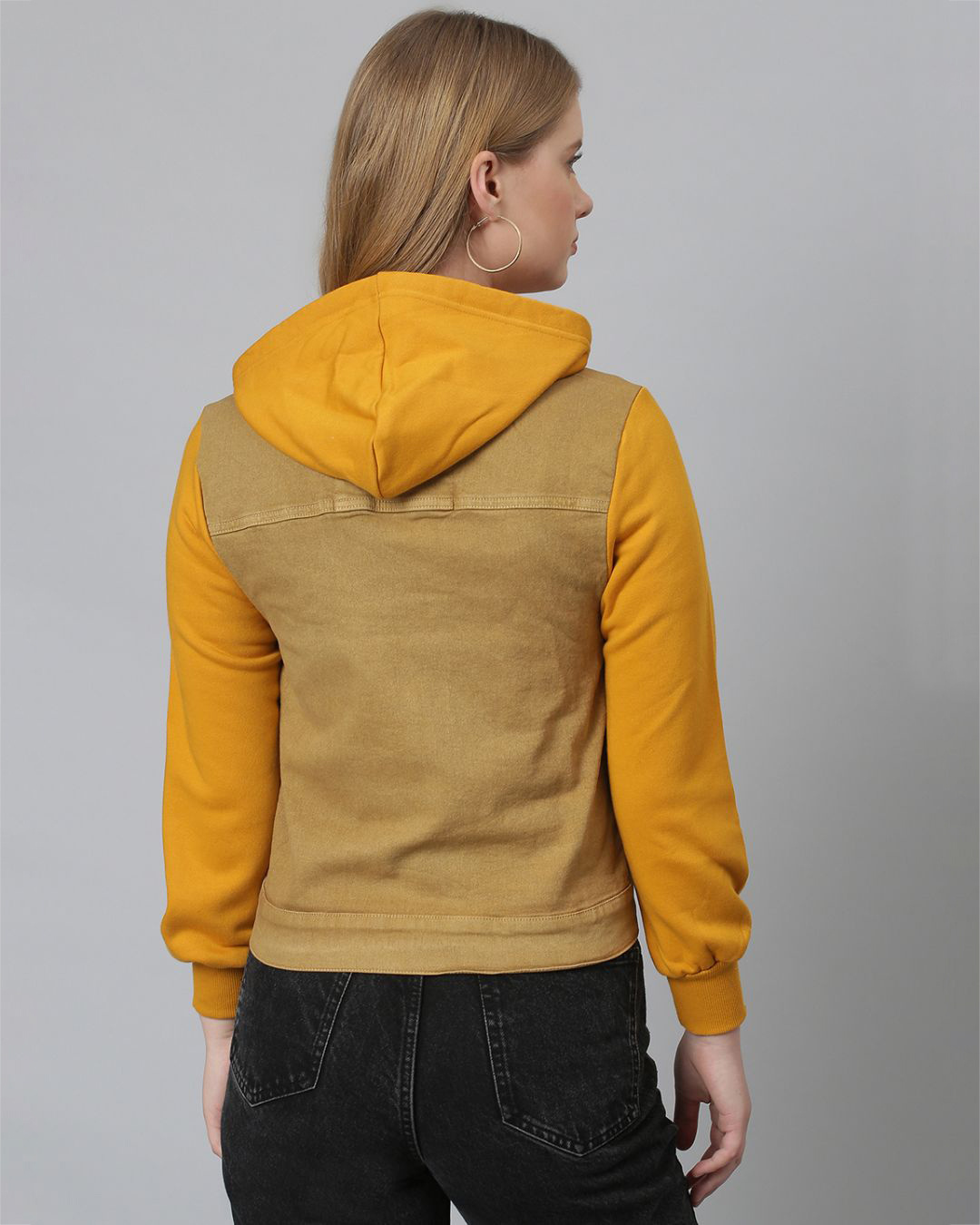Shop Women's Brown Color Block Stylish Casual Denim Jacket-Back