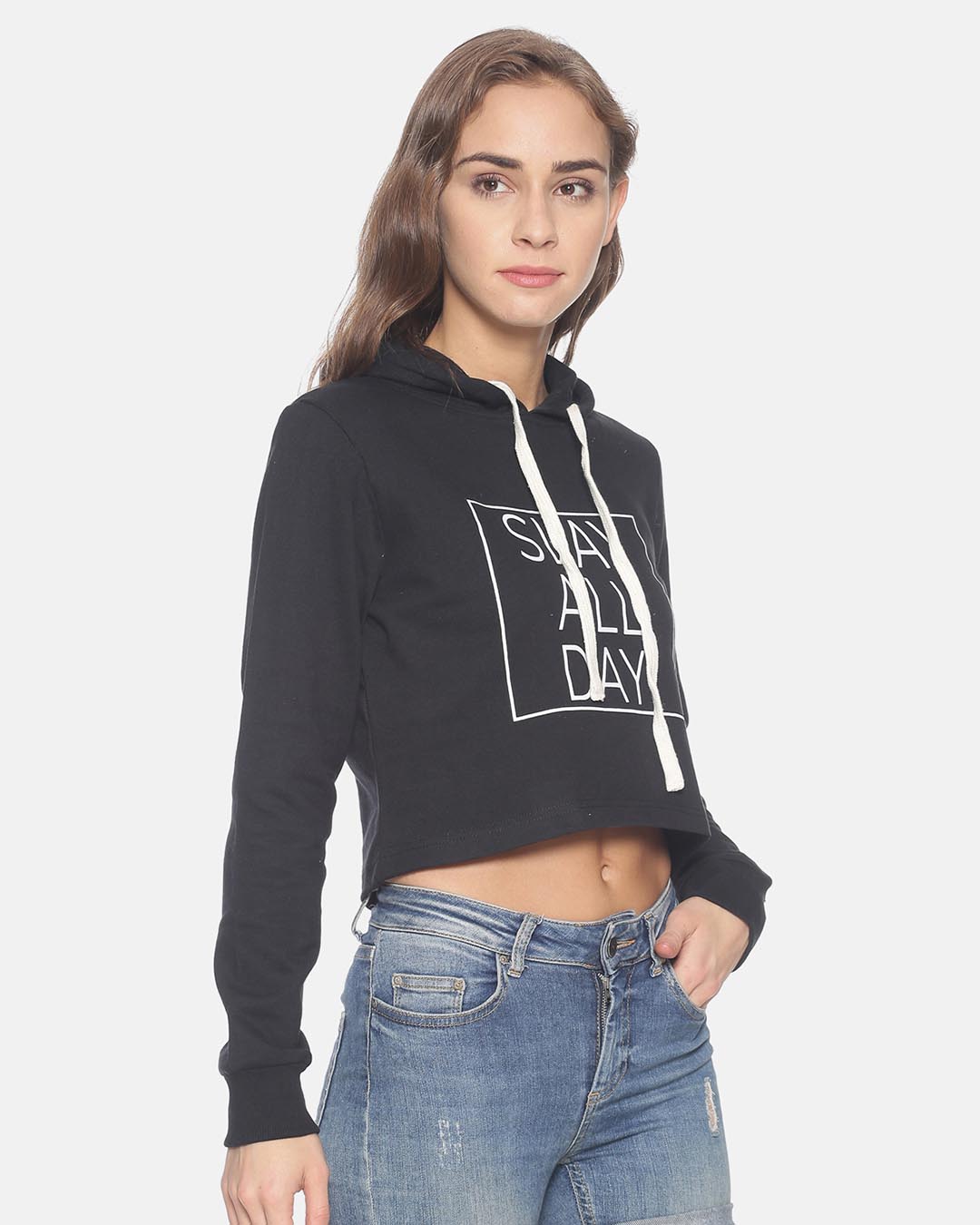 Shop Women Crop Stylish Hooded Sweatshirt-Back