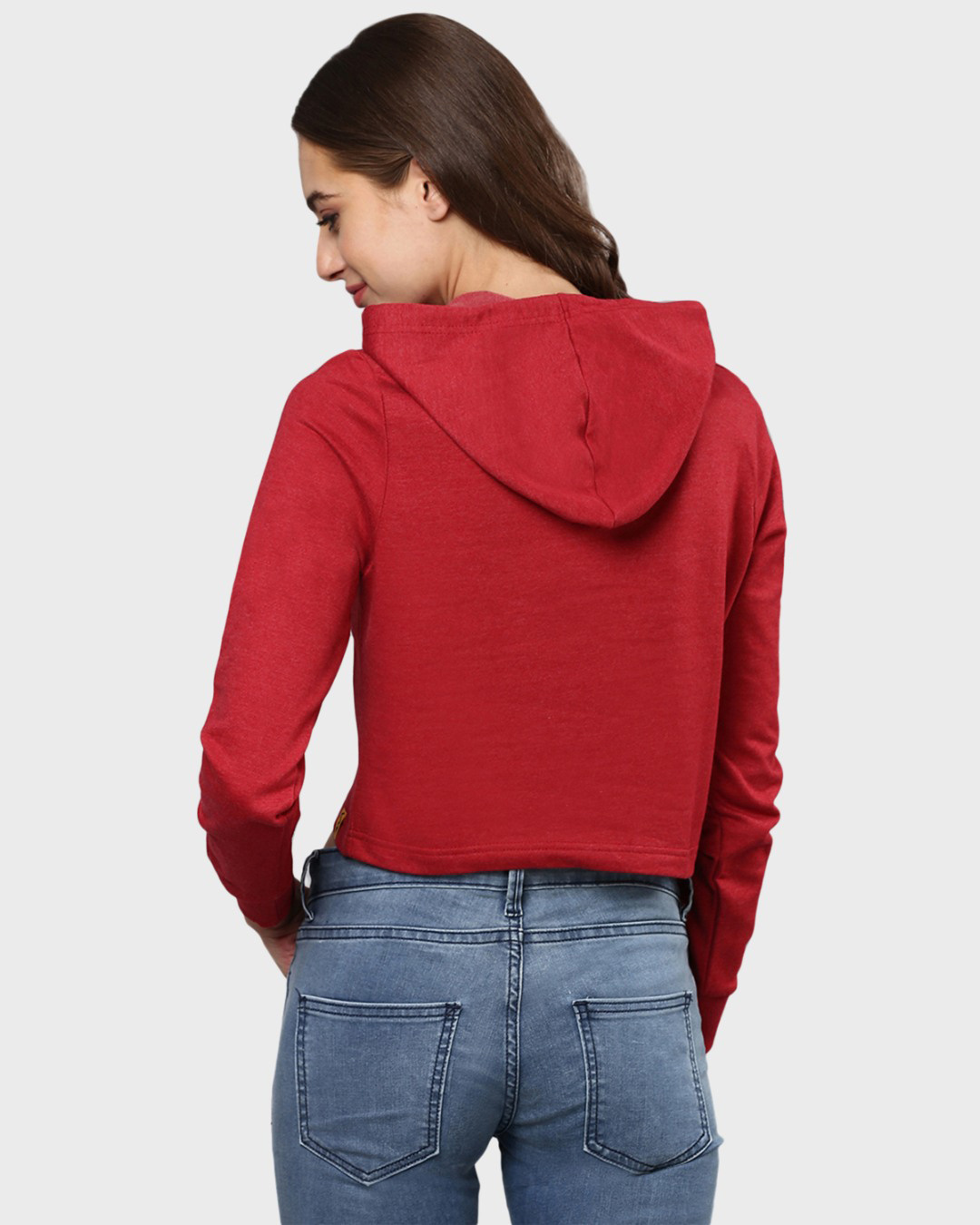 Shop Women's Maroon Printed Crop Casual Hooded Sweatshirt-Back