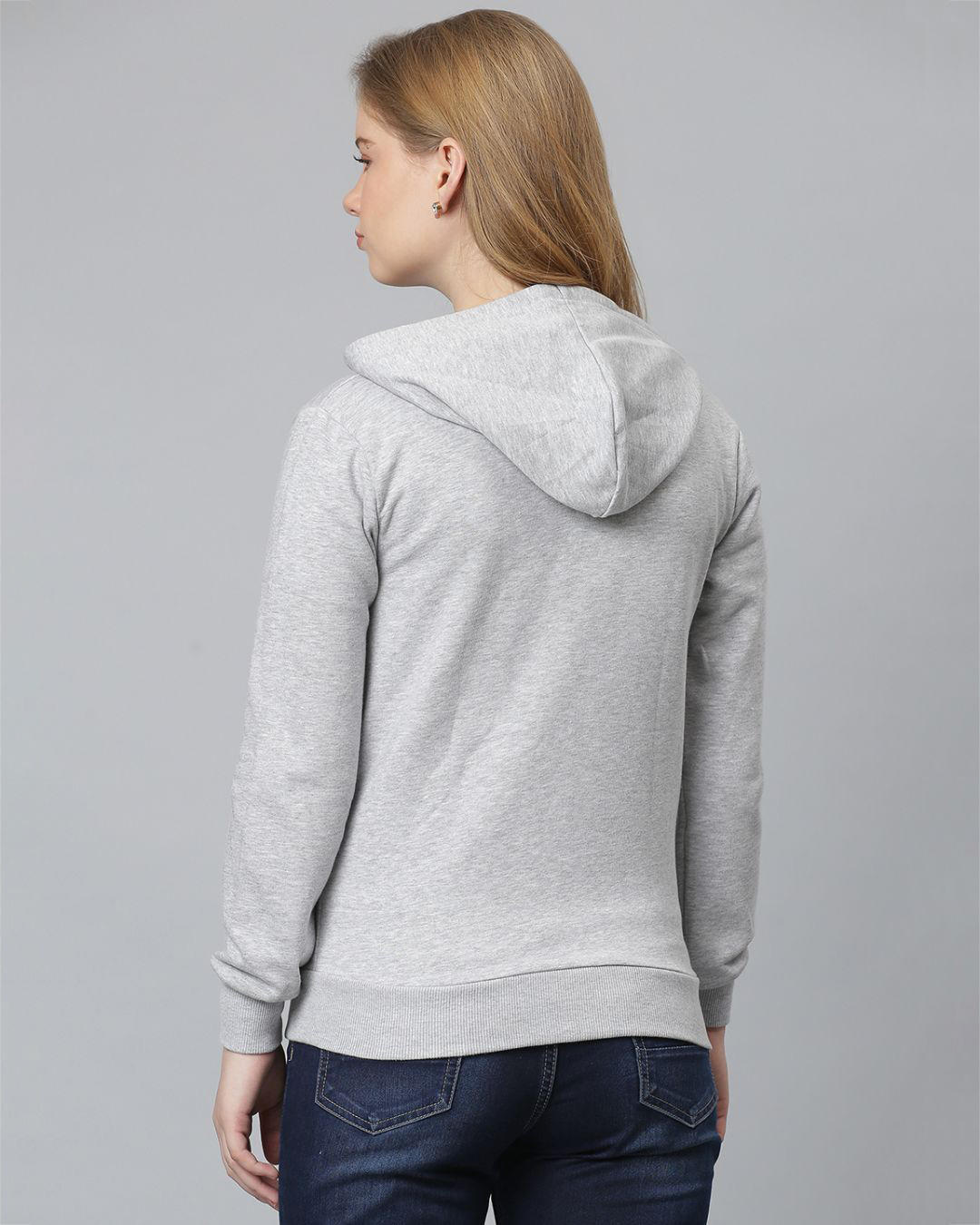 Shop Women's Grey Printed Casual Zipper Hooded Sweatshirt-Back