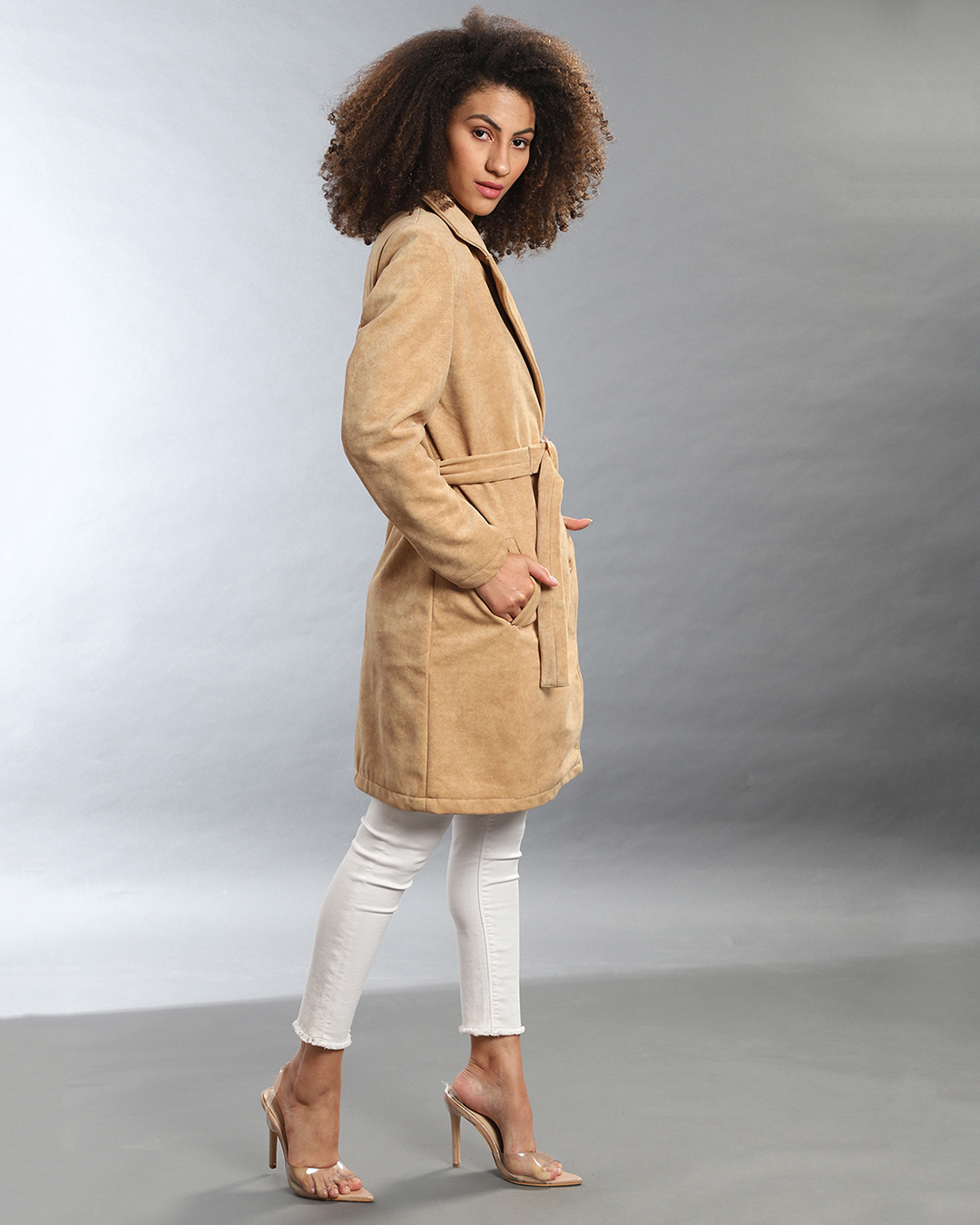 Shop Women's Beige Regular Fit Coats-Back