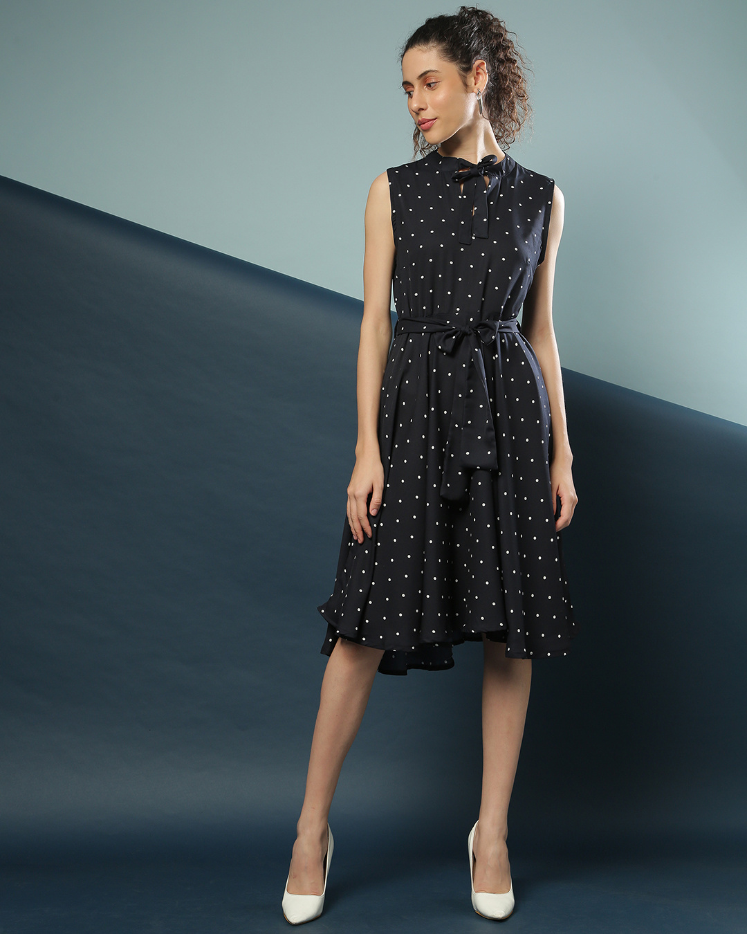 Buy Campus Sutra Women's Blue Polka Print Regular Fit Dress Online at ...