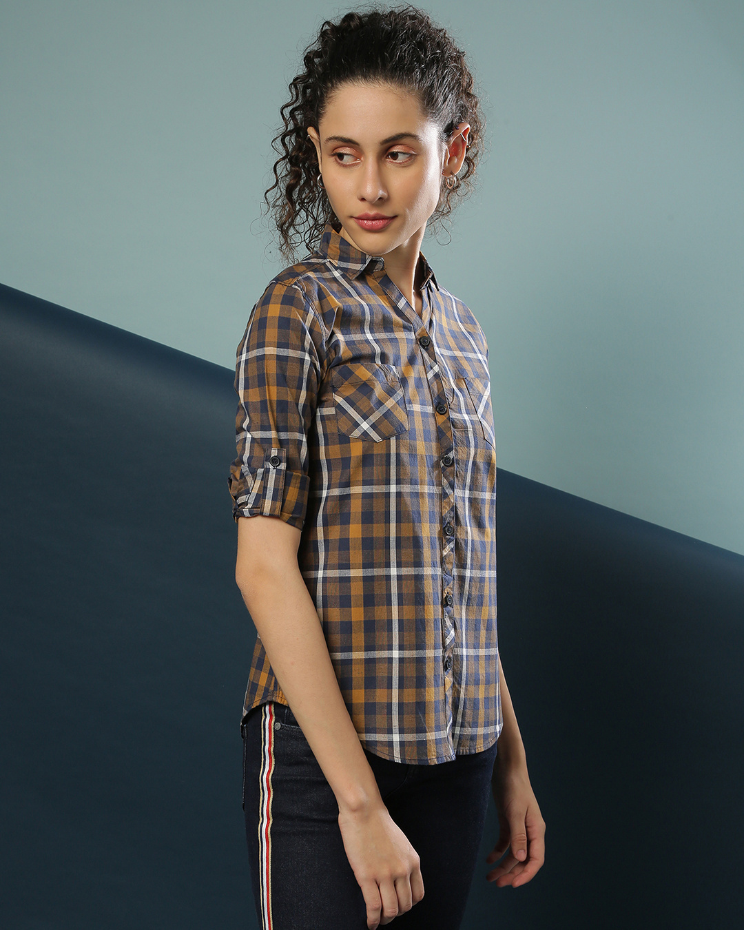 Shop Women's Brown Checkered Regular Fit Shirt-Back