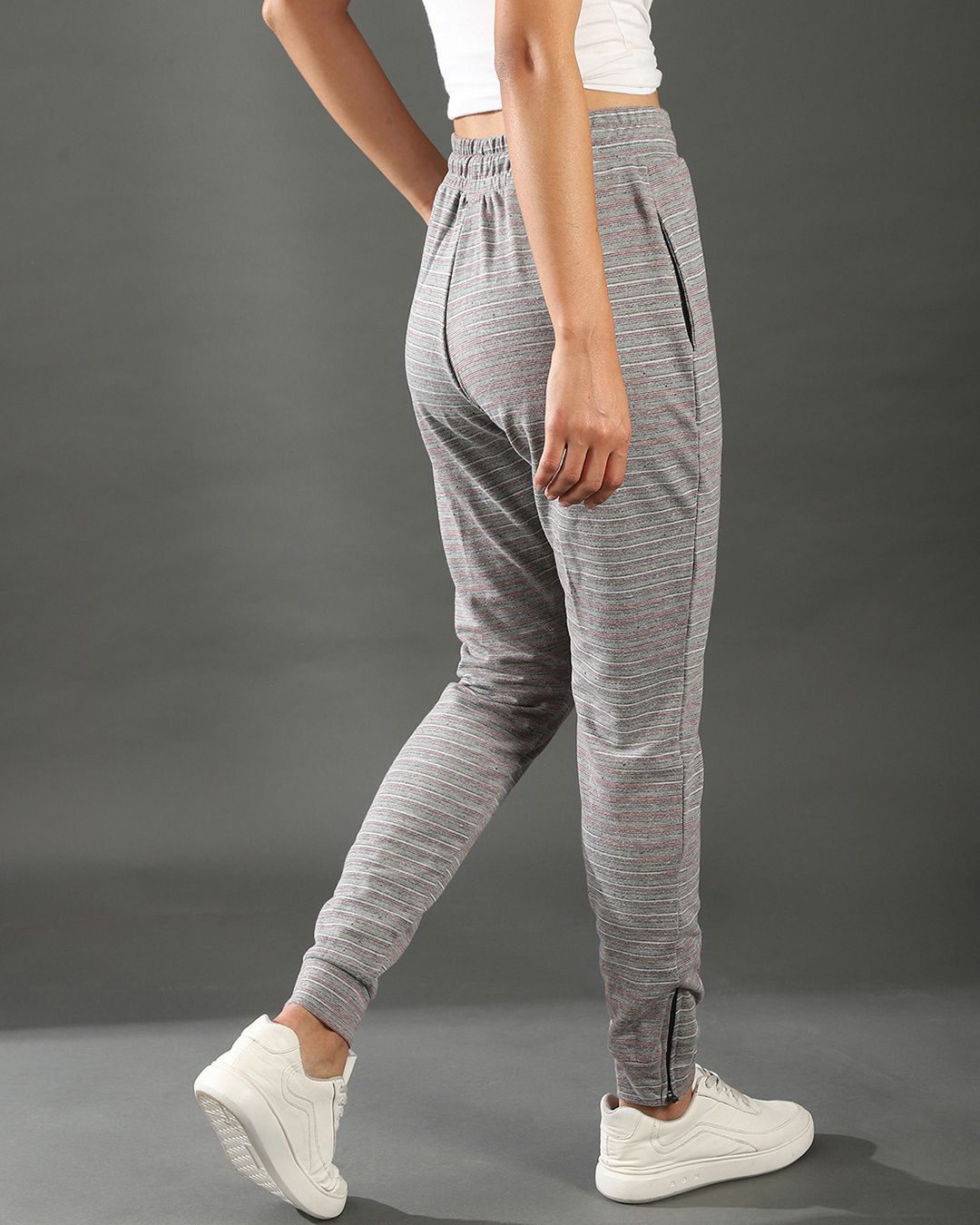 Shop Women's Grey Striped Relaxed Fit Track Pants-Back