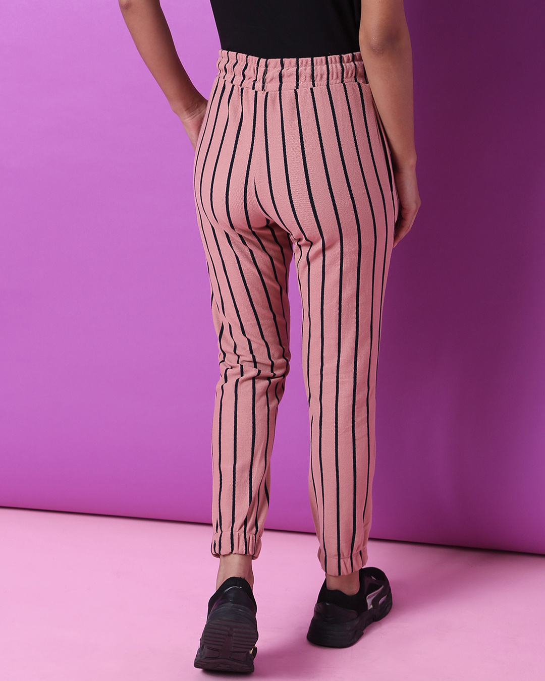 Shop Women's Pink Striped Relaxed Fit Joggers-Back