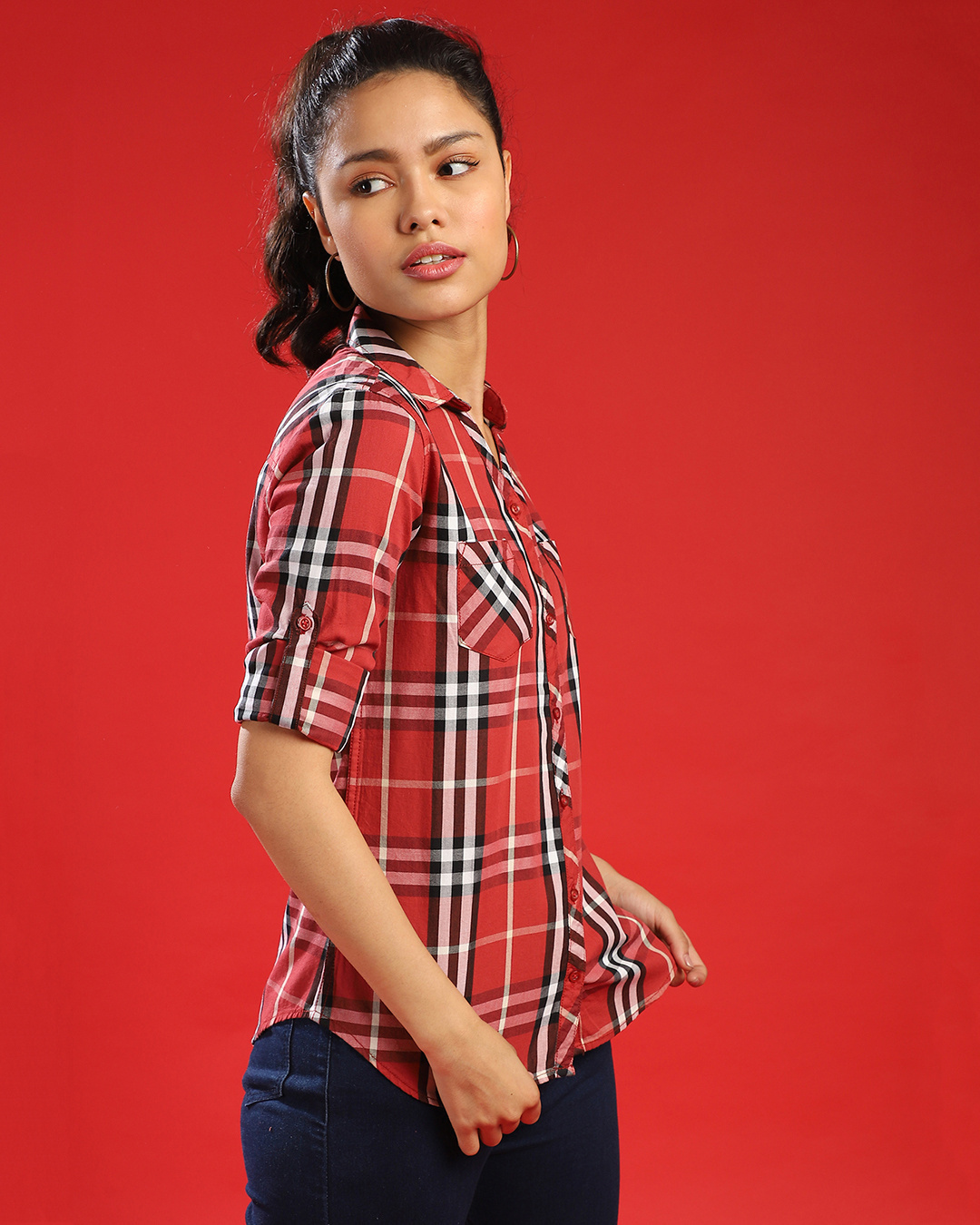 Shop Women's Red Checkered Regular Fit Shirt-Back