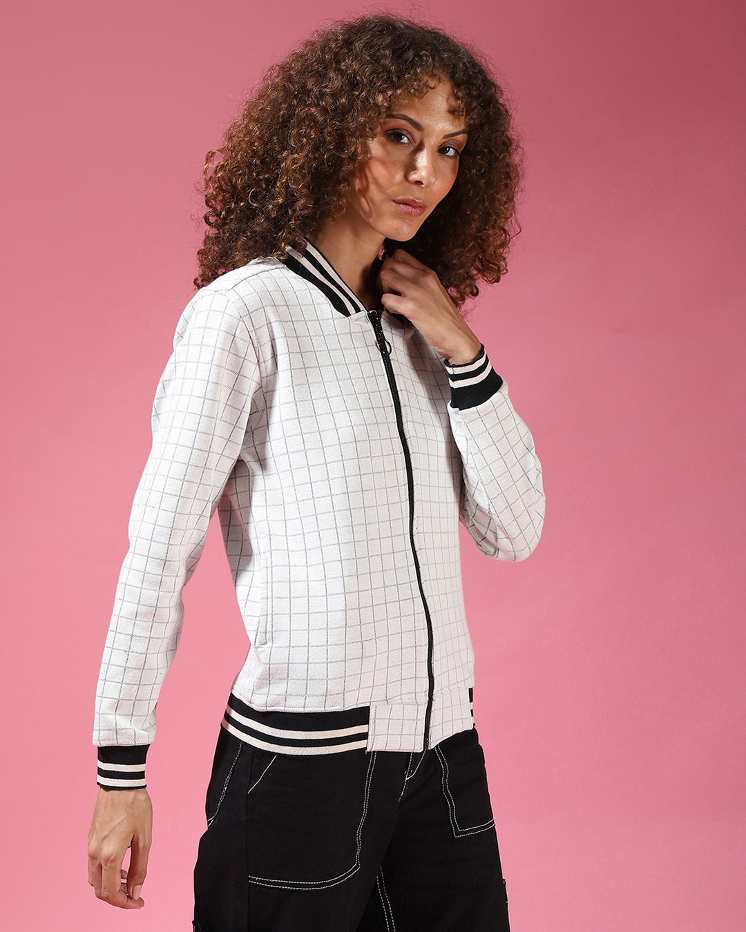 Shop Women's White Checkered Regular Fit Jackets-Back