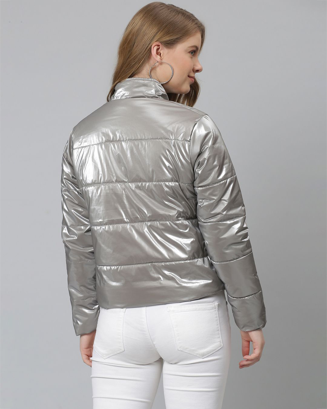 Shop Women's Grey Solid Stylish Casual Bomber Jacket-Back