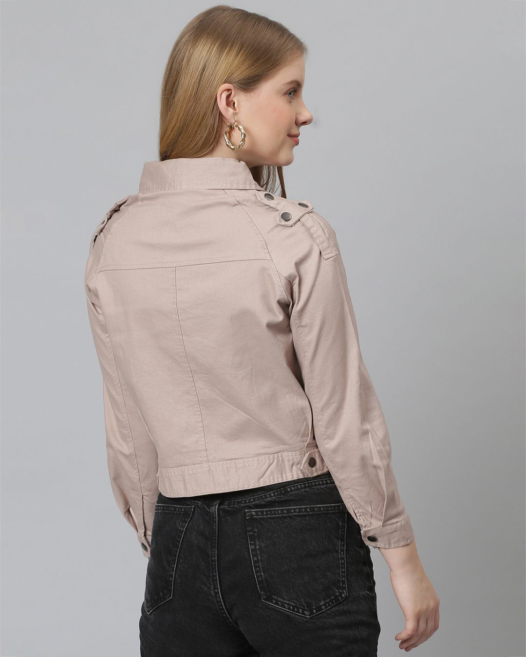 Shop Women's Pink Solid Stylish Casual Denim Jacket-Back
