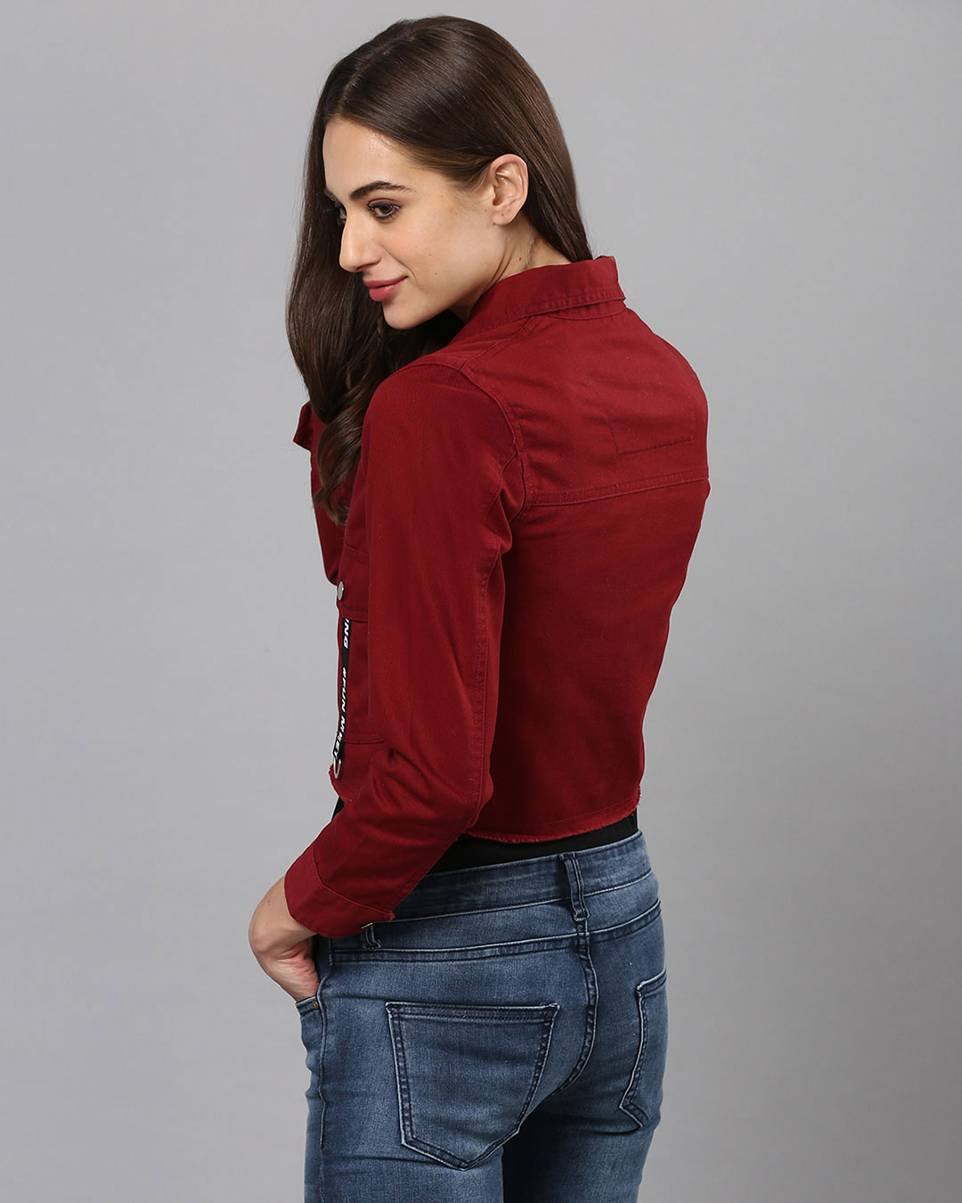Shop Women's Maroon Solid Stylish Casual Denim Jacket-Back