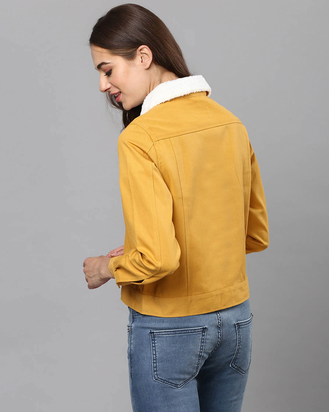Shop Women's Yellow Stylish Casual Denim Jacket-Back