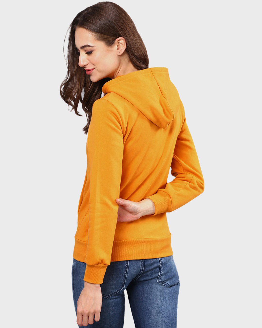 Shop Women's Yellow Solid Stylish Casual Zipper Hooded Sweatshirt-Back
