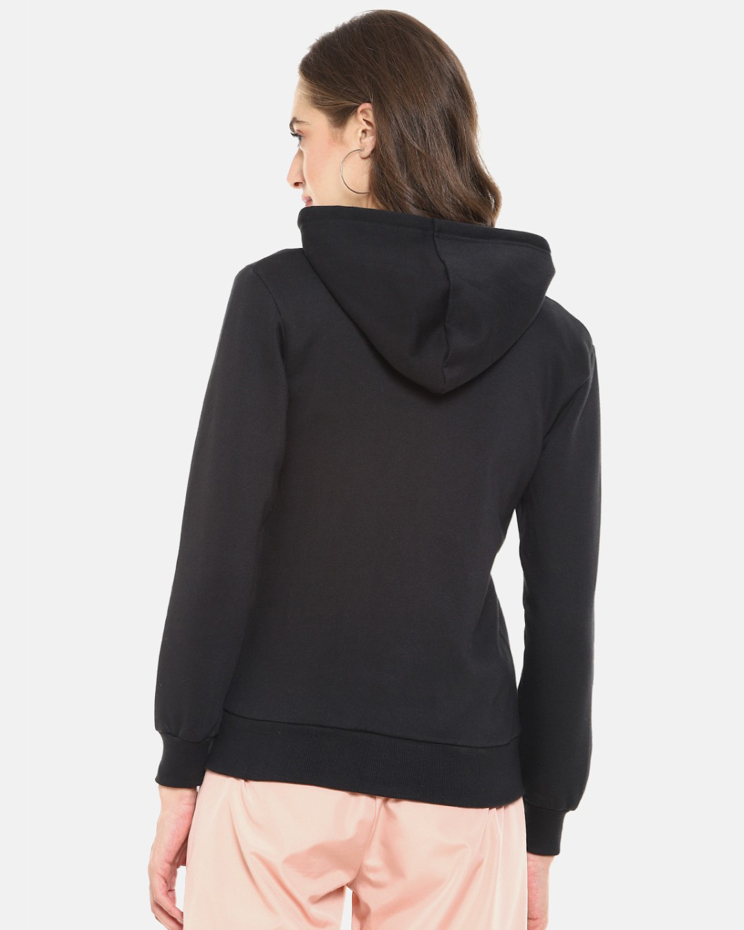 Shop Women's Black Solid Stylish Casual Zipper Hooded Sweatshirt-Back