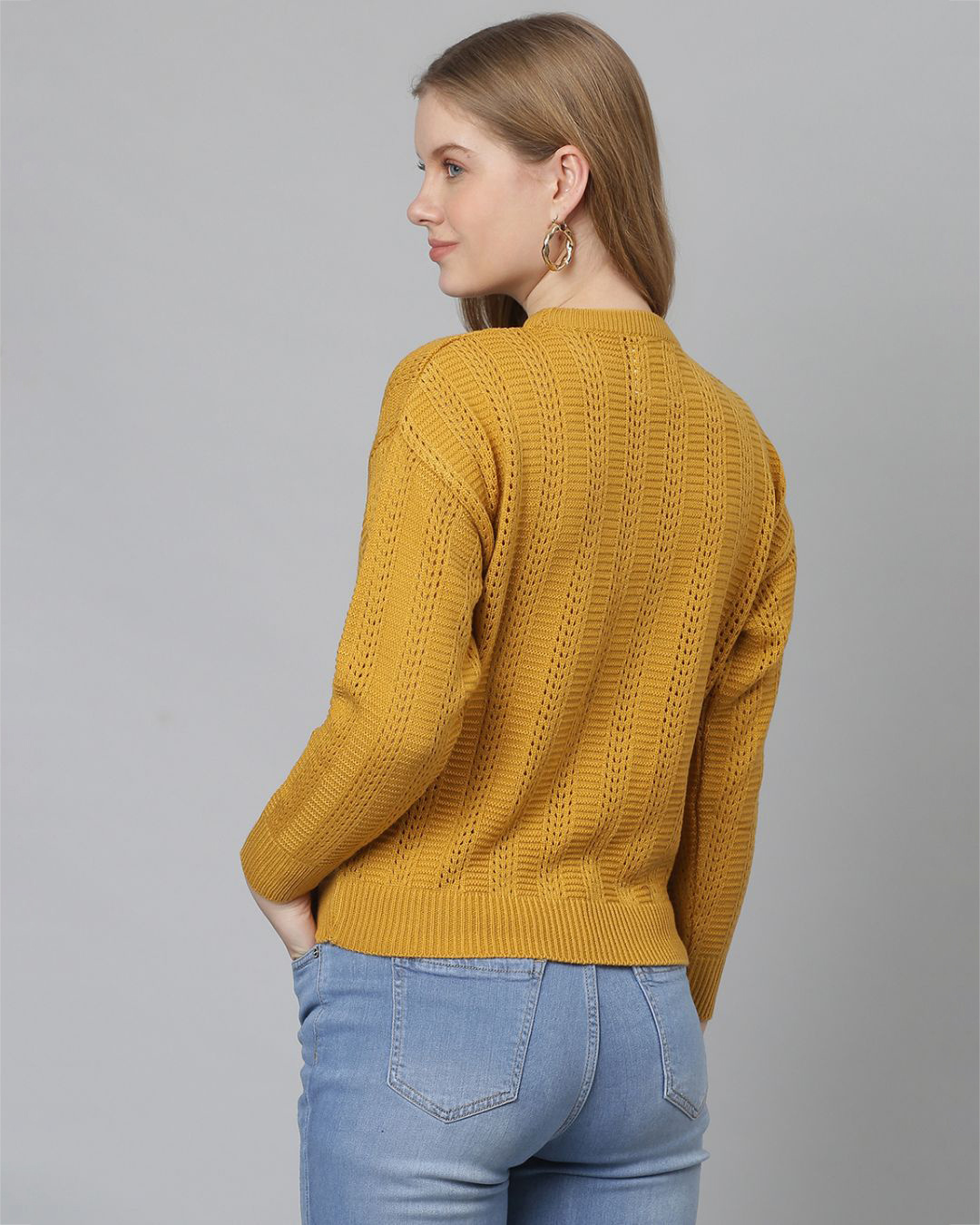 Shop Women's Yellow Striped Stylish Casual Sweater-Back