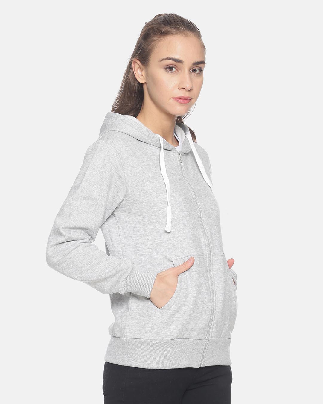 Shop Women Stylish Zipper Solid Hooded Sweatshirt-Back