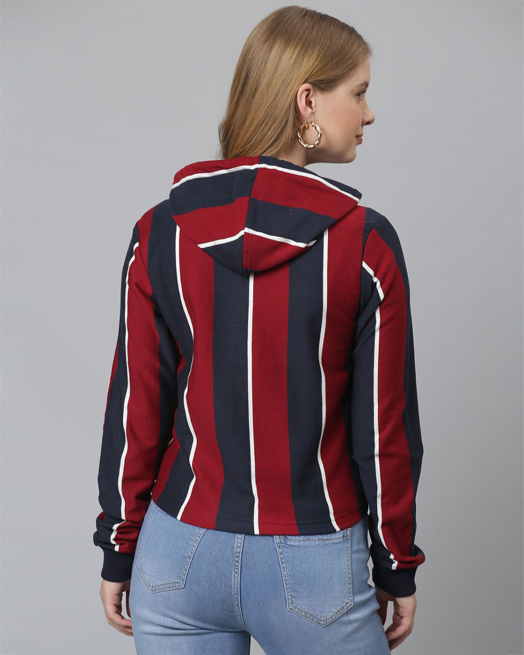 Shop Women's Blue & Maroon Zipper Striped Stylish Casual Hooded Sweatshirt-Back