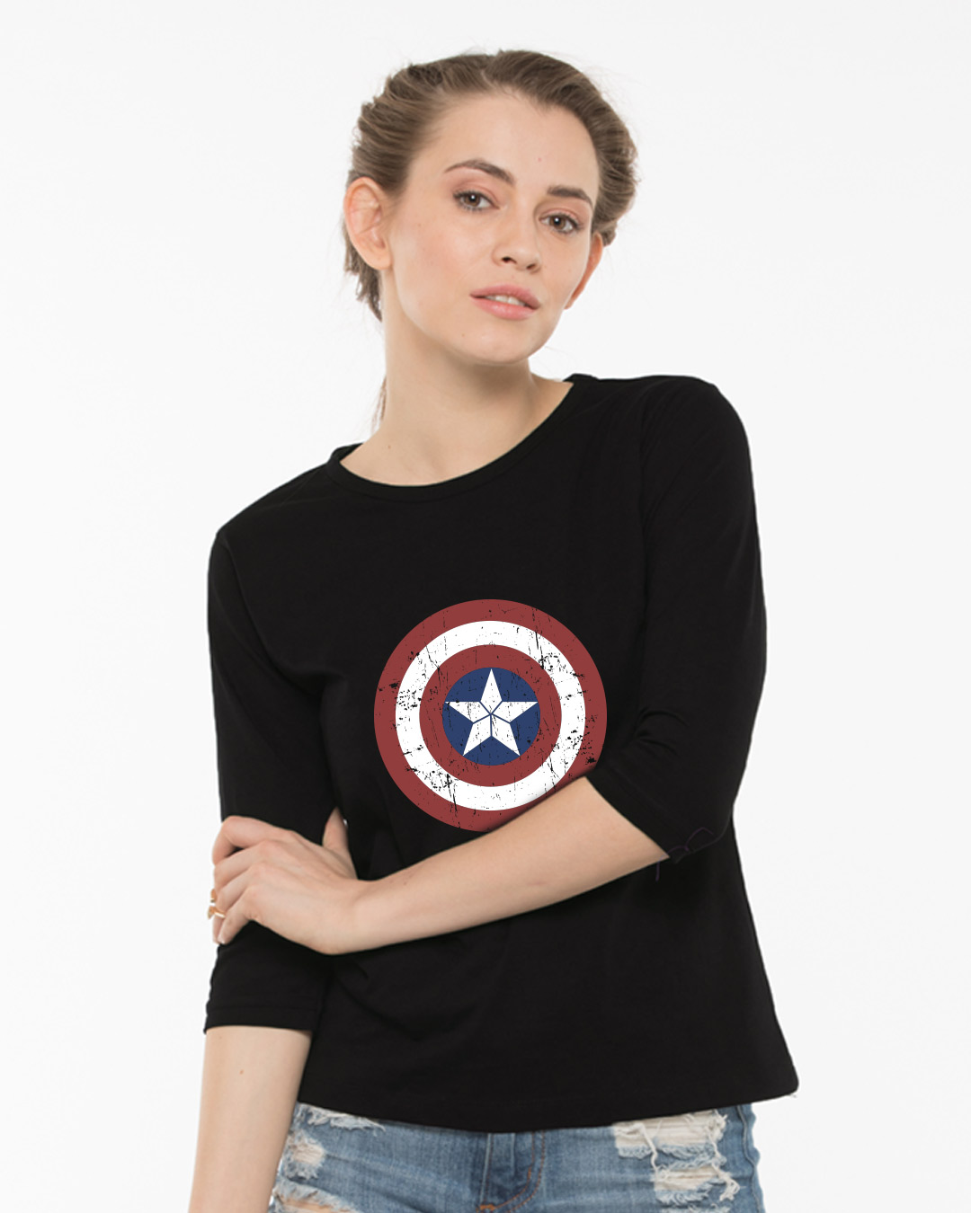 Shop Captain America Shield Round Neck 3/4th Sleeve T-Shirt (CA)-Back